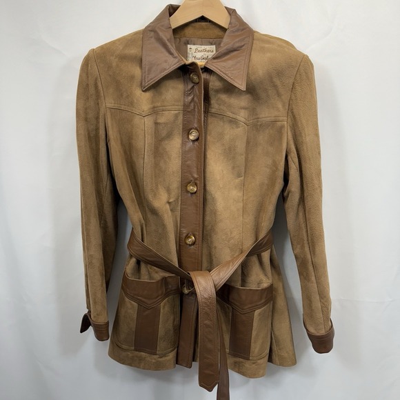 Leathers By New England Jackets & Blazers - Vintage 70's Taupe Leather Belted Jacket Ralph Lauren Style USA 14